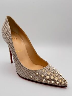 Christian Louboutin Spikyshell 100 Quadri Lurex Nude White Gold Studded Pumps 38